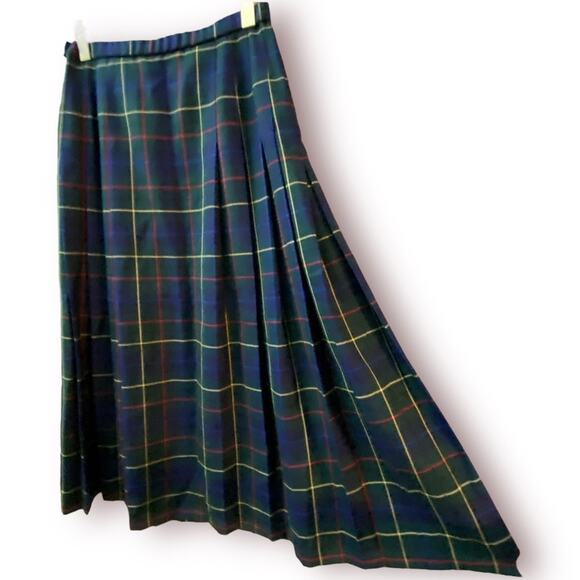 FABULOUS Vintage PENDLETON Classic Green Tartan Plaid Pleated Wool Midi Skirt - Picture 3 of 7